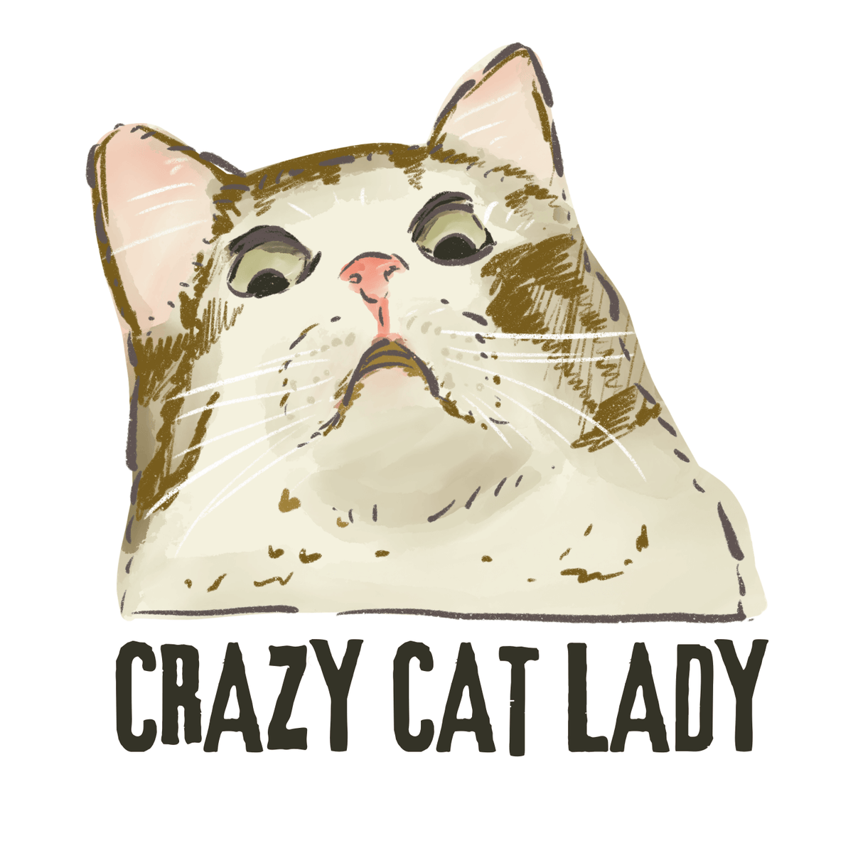 Hand-drawn illustration of a cat with the phrase "Crazy Cat Lady" below, perfect for a crazy cat lady mug.