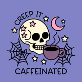 Creep it Caffeinated Garment Dyed Relaxed Sweatshirt design featuring a skull and coffee on a purple background.