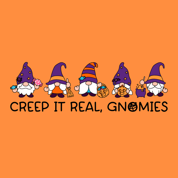 Creep It Real Gnomies Halloween Premium Soft Tee featuring festive gnomes on an orange background.