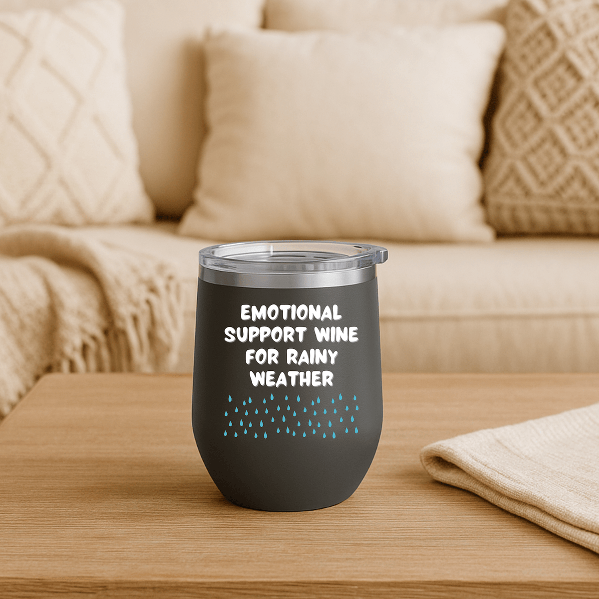 Emotional Support Wine for Rainy Weather PNW Wine Tumbler 12 oz on a wooden table with cozy decor.