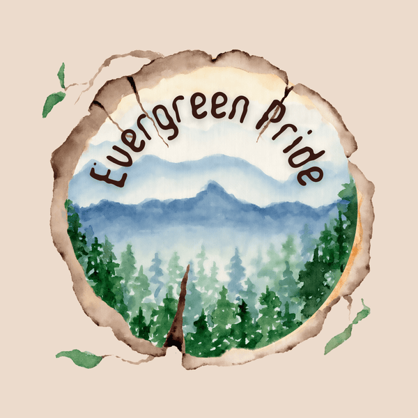 Evergreen Pride Tote design featuring a watercolor wood slice with green forest scenery and text.