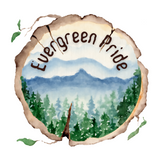 Watercolor wood slice design featuring mountains and trees with 'Evergreen Pride' text, perfect for nature lovers.
