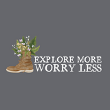 Explore More Worry Less unisex t-shirt design featuring a watercolor hiking boot with flowers and ferns.