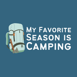 Illustration of a camping backpack with the phrase 'My Favorite Season is Camping' for outdoor enthusiasts.