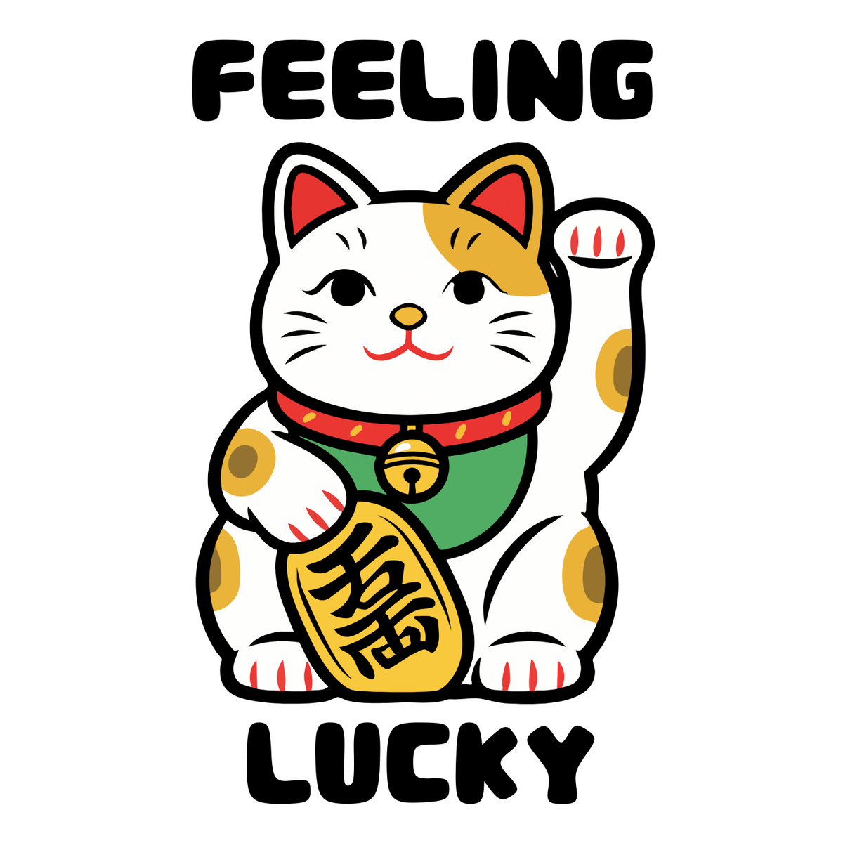 Feeling Lucky Cat Mug - Cute Maneki-Neko Illustration featuring a cheerful cat raising a paw for good fortune.