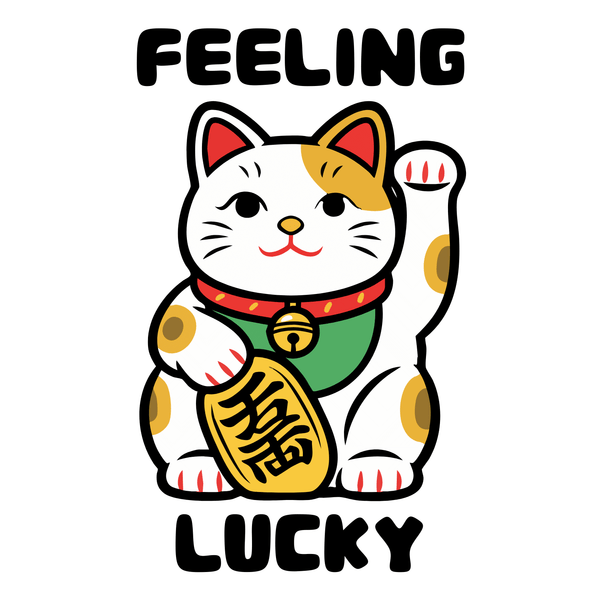 Feeling Lucky Cat Mug - Cute Maneki-Neko Illustration featuring a cheerful cat raising a paw for good fortune.
