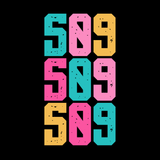 Five Oh Nine Spokane Electric Pop Cotton Canvas Tote Bag design featuring colorful retro 509 numbers on a black background.