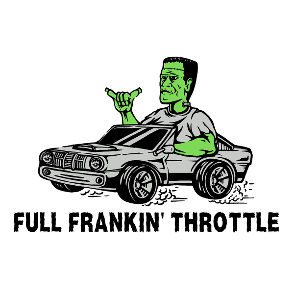 Frankie’s Full Throttle Softstyle Classic T-Shirt featuring Frankenstein driving a classic car.