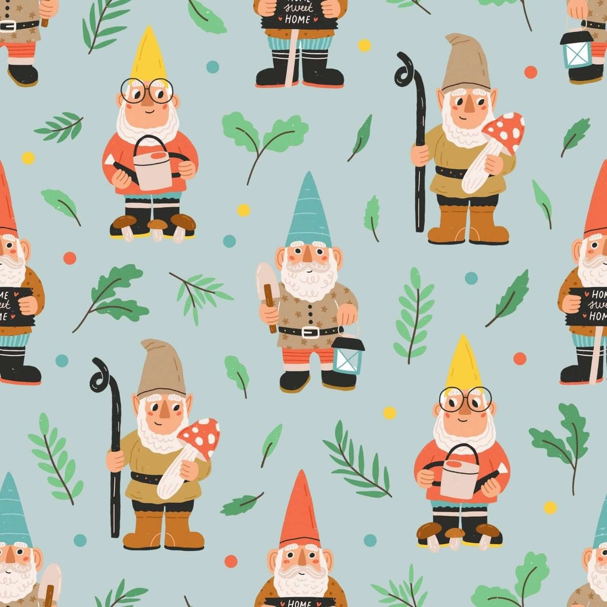 Garden Gnome Gathering Lightweight Cozy Blanket featuring cheerful gnomes and mushrooms on a playful backdrop.