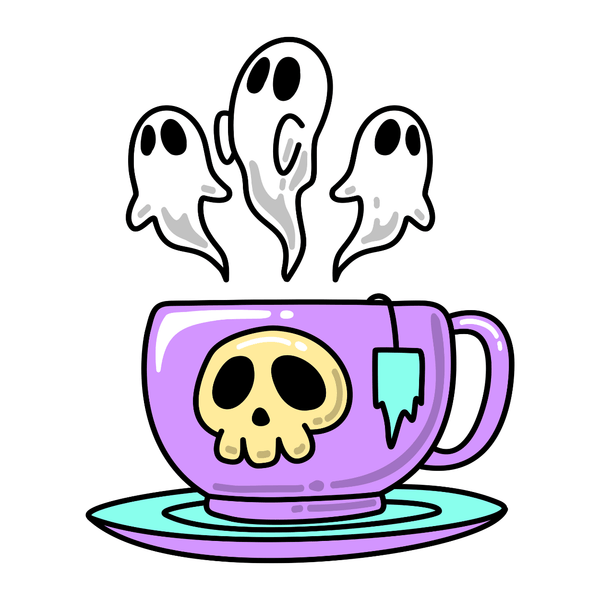 Let's Have a Spooky Tea Mug featuring a pastel purple cup with a skull and floating ghost steam.