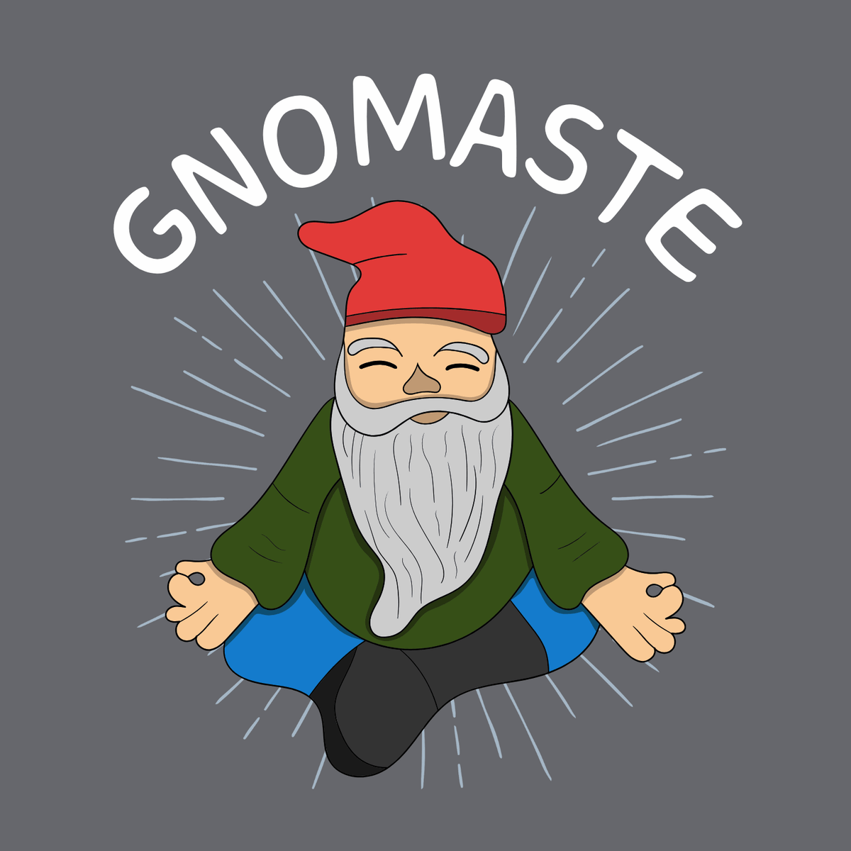 Gnomaste design featuring a meditating gnome illustration with rays surrounding the word 'GNOMASTE'.