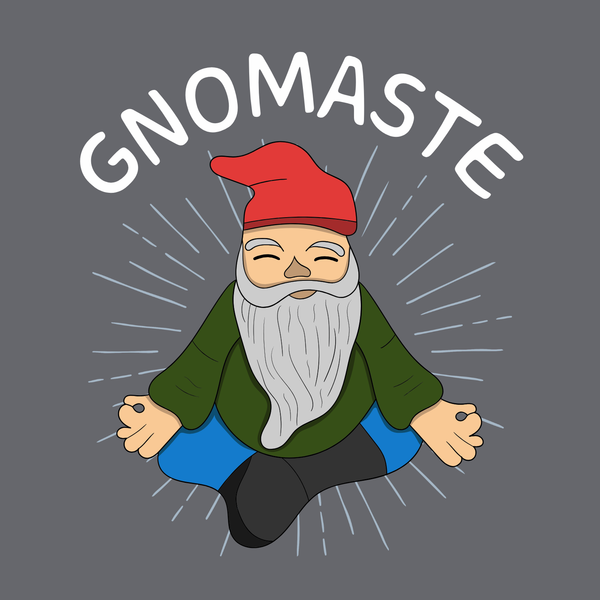 Gnomaste design featuring a meditating gnome illustration with rays surrounding the word 'GNOMASTE'.