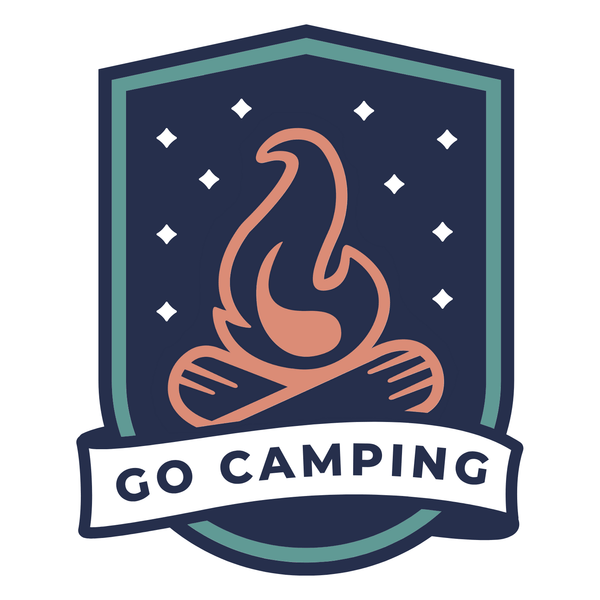 Go Camping Coffee Mug badge design featuring a campfire icon surrounded by stars and the text 'GO CAMPING'.