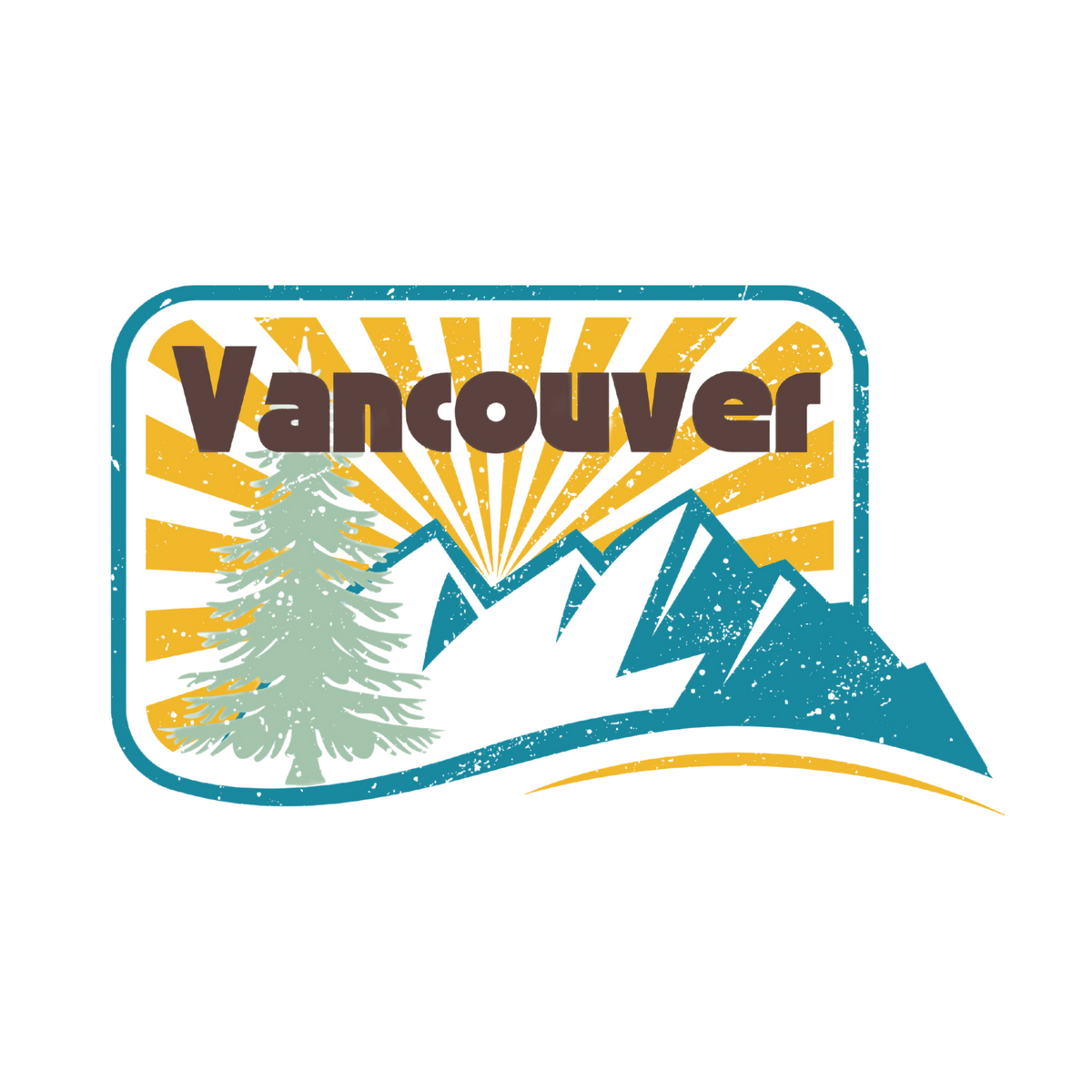 Vancouver graphic design featuring mountains, trees, and sunburst, celebrating the city's natural beauty.