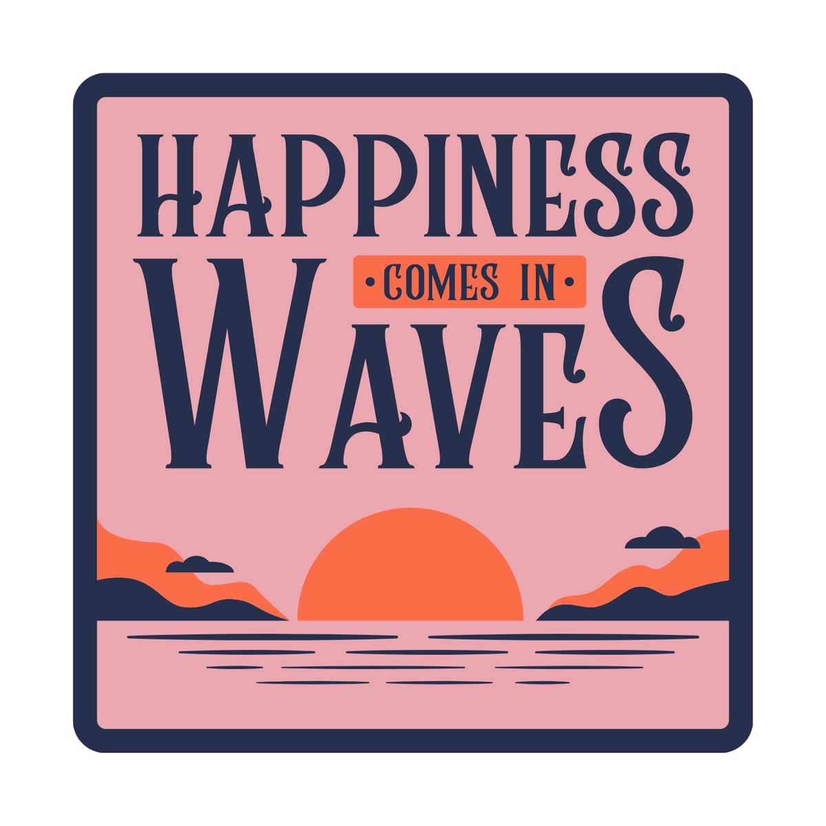 Happiness Comes in Waves Mug design featuring retro sunset and waves in soft coral hues.