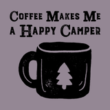 Illustration of a coffee mug with the text 'Coffee Makes Me a Happy Camper', ideal for outdoor enthusiasts.