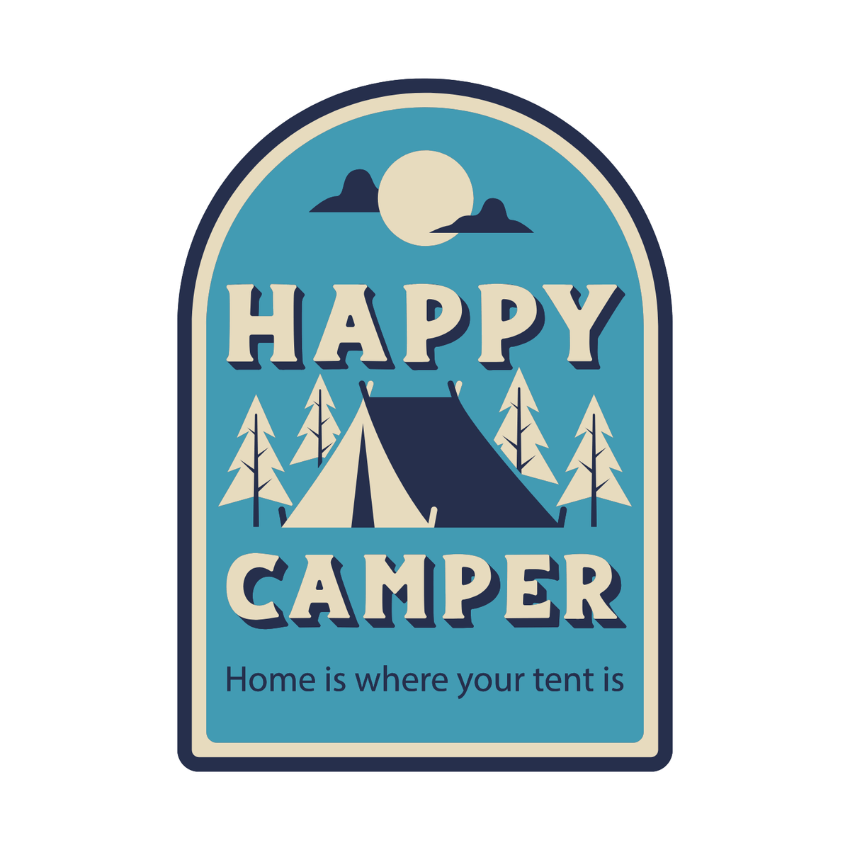 Happy Camper Mug design featuring a tent, trees, and a moon with the text 'Home is where your tent is'.