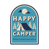 Happy Camper Mug design featuring a tent, trees, and a moon with the text 'Home is where your tent is'.