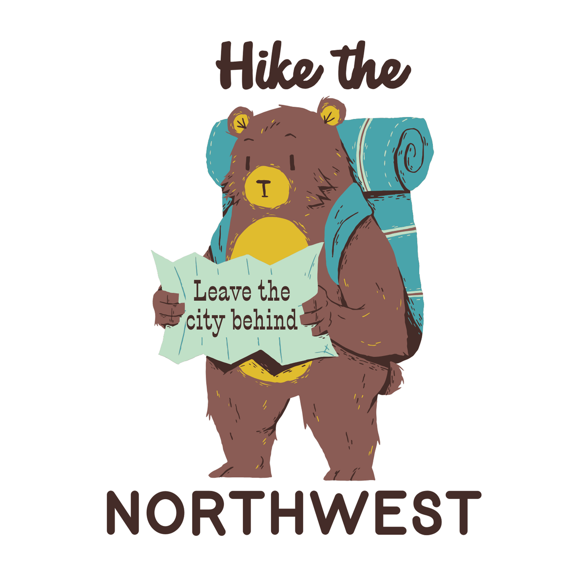 Hike the Northwest t shirt featuring a bear with a backpack holding a map that says 'Leave the city behind'.