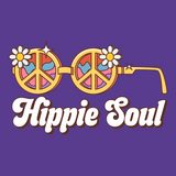 Hippie Soul retro design featuring flower glasses and peace symbols on a vibrant purple background.