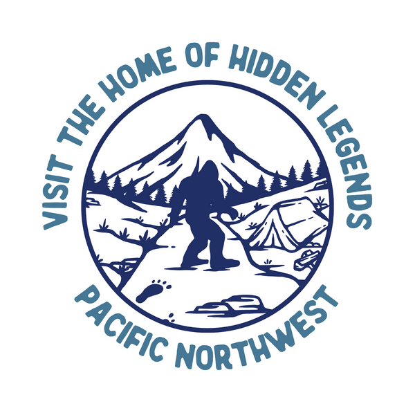 Illustration of Bigfoot hiking in the Pacific Northwest, featuring text about hidden legends.