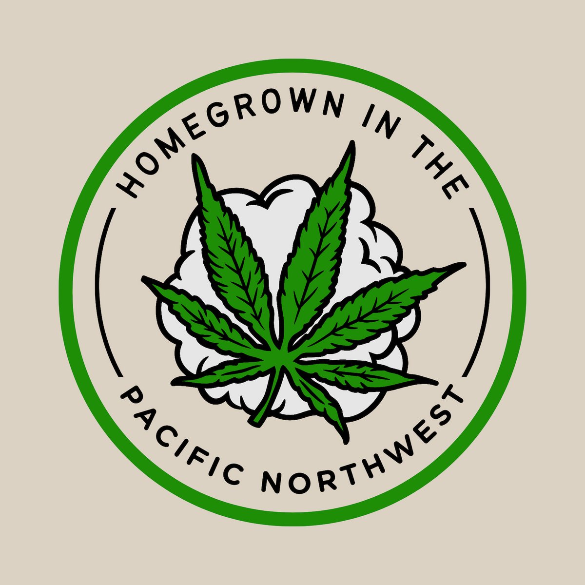 Homegrown in the Pacific Northwest logo featuring a marijuana leaf and cloud, representing local culture.