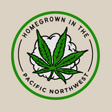 Homegrown in the Pacific Northwest logo featuring a marijuana leaf and cloud, representing local culture.