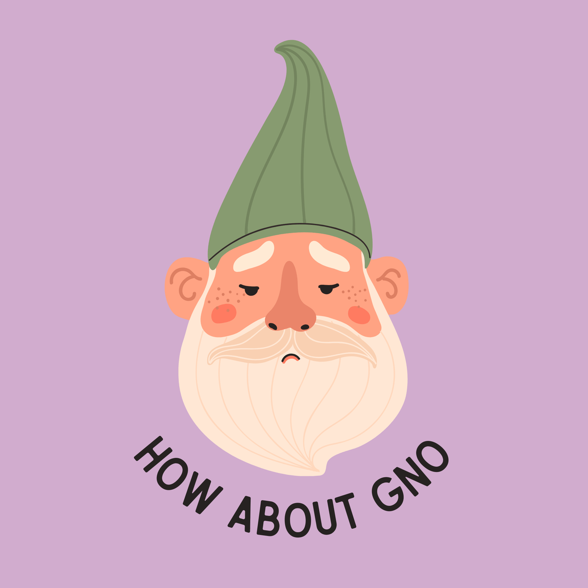 Illustration of a grumpy gnome with the text 'How About Gno' below, emphasizing a humorous boundary message.