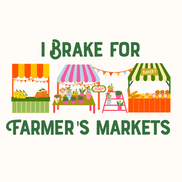 I Brake for Farmer’s Markets Tote with cheerful market stall illustrations and playful text design.