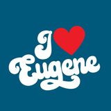 I Love Eugene T Shirt design featuring cursive lettering in red and white on a blue background.