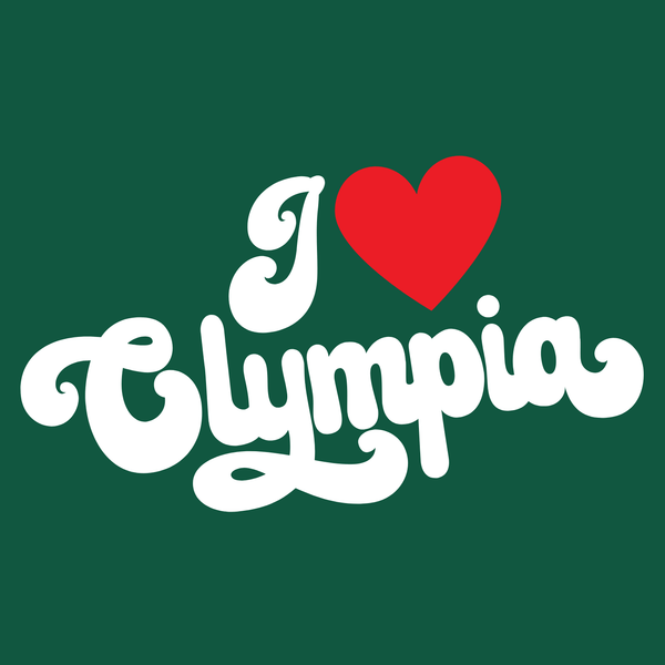I love Olympia t shirt design featuring I ♥ Olympia in cursive style on a green background.