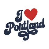 I love Portland t shirt design featuring cursive text and a heart symbol in red.