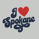 I love Spokane t shirt design featuring cursive text and a heart symbol in red.