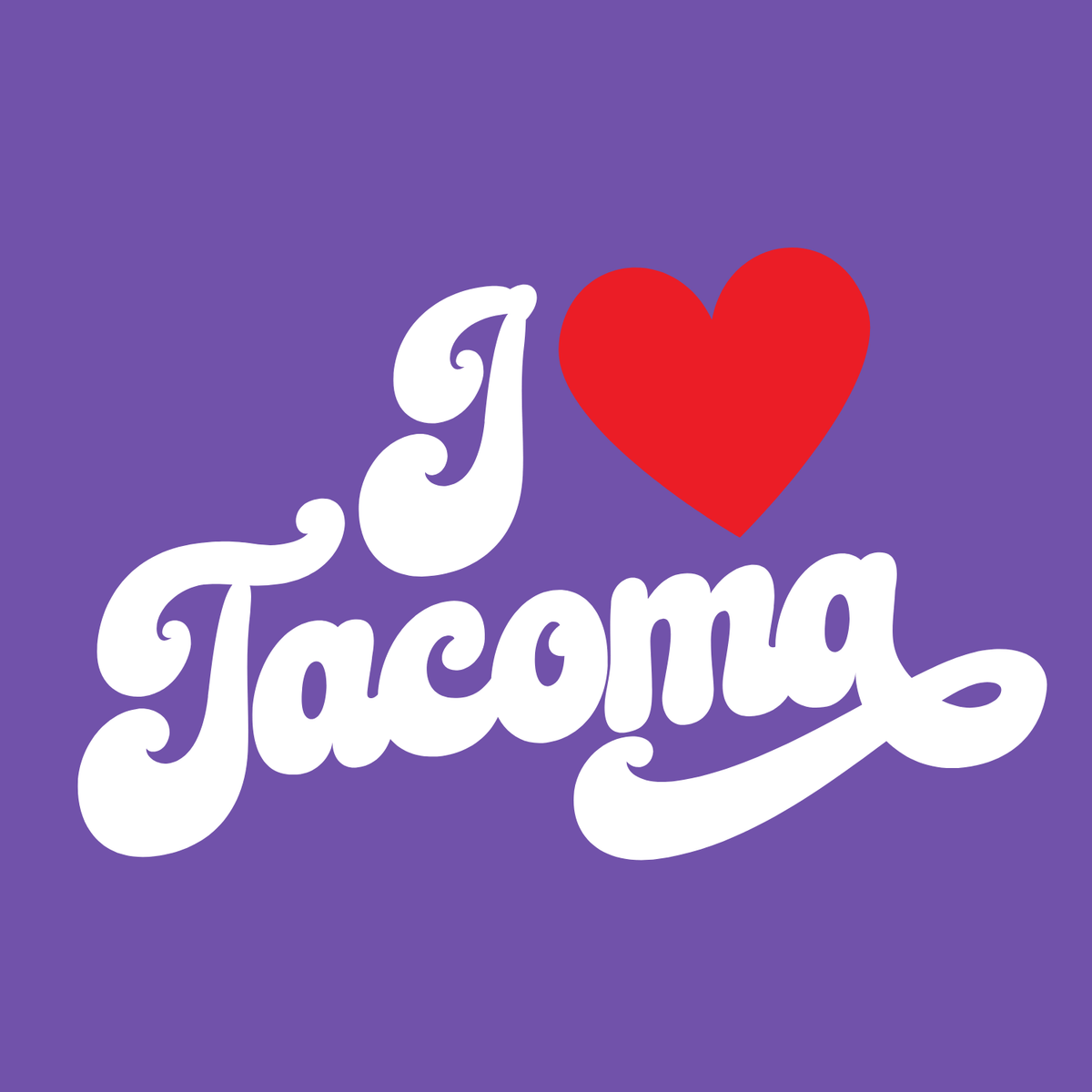 I love Tacoma t shirt design featuring cursive text and a heart on a purple background.