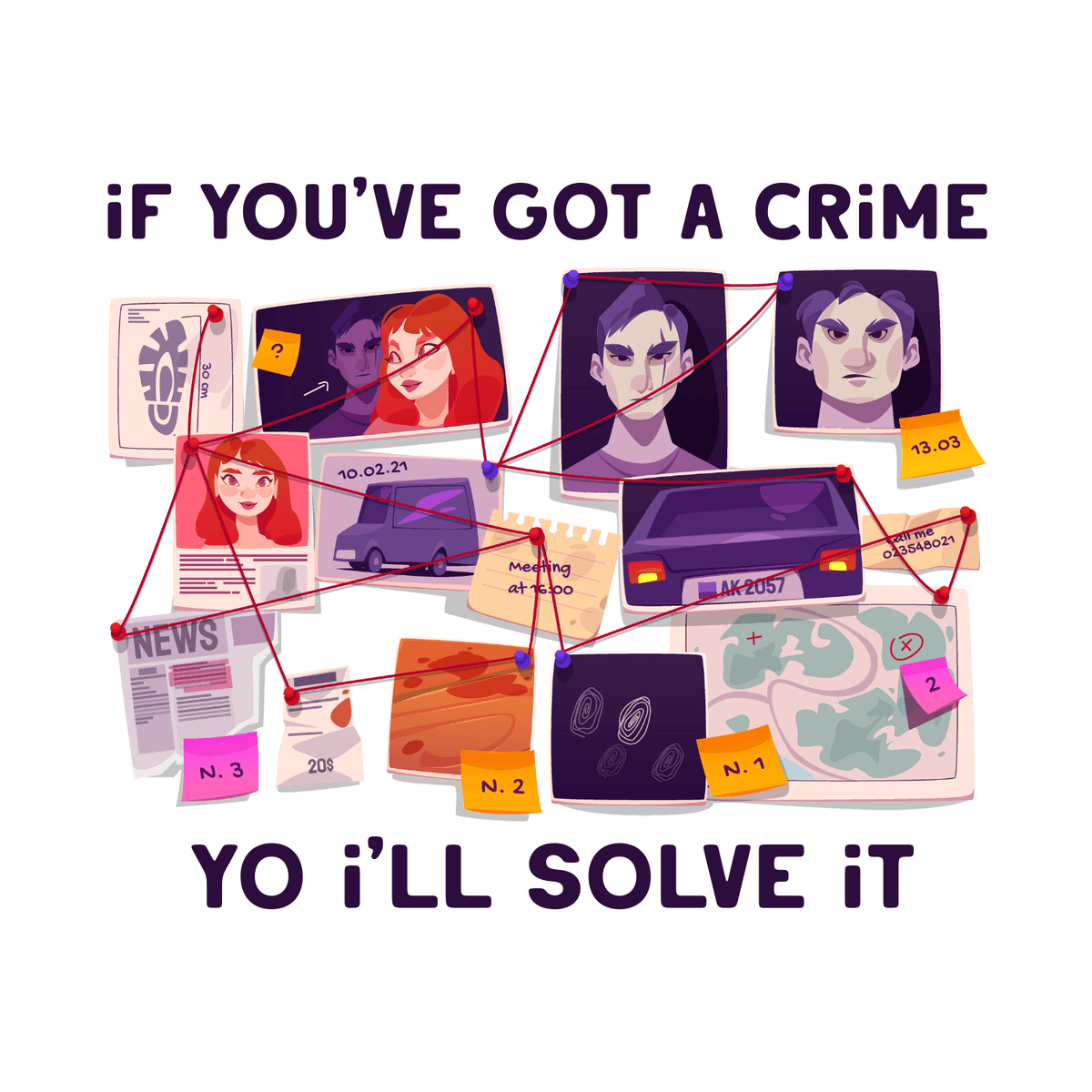 If You've Got a Crime Yo I'll Solve It Mug with a detective-themed graphic and humorous text on a collage backdrop.
