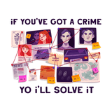 If You've Got a Crime Yo I'll Solve It Mug with a detective-themed graphic and humorous text on a collage backdrop.