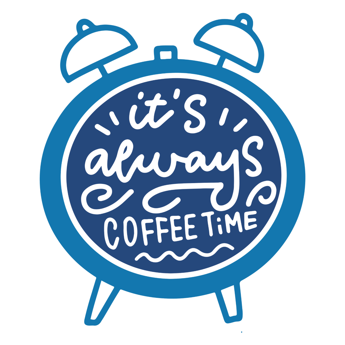 It's Always Coffee Time Mug graphic featuring a cheerful clock design.