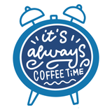 It's Always Coffee Time Mug graphic featuring a cheerful clock design.