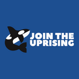 Orca icon with text 'Join the Uprising' on blue background, promoting marine conservation.
