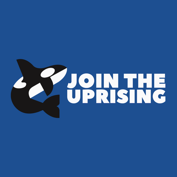 Orca icon with text 'Join the Uprising' on blue background, promoting marine conservation.