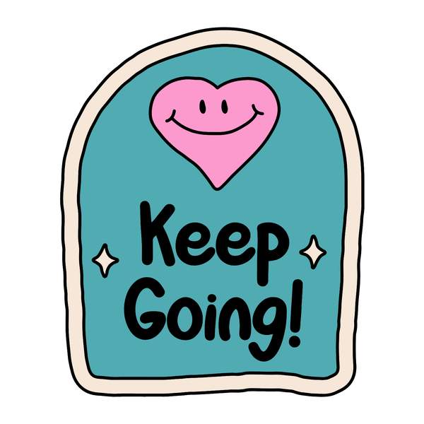 Keep Going Mug design featuring a smiling pink heart and a teal arch with hand-lettered text.