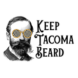 Vintage-style illustration of a bearded man with sunglasses, 'Keep Tacoma Beard' graphic design.