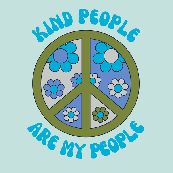 Kind People Are My People tee featuring a floral peace sign design, promoting positivity and good vibes.