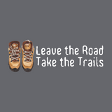 Leave the Road, Take the Trails design featuring hiking boots on a gray background.
