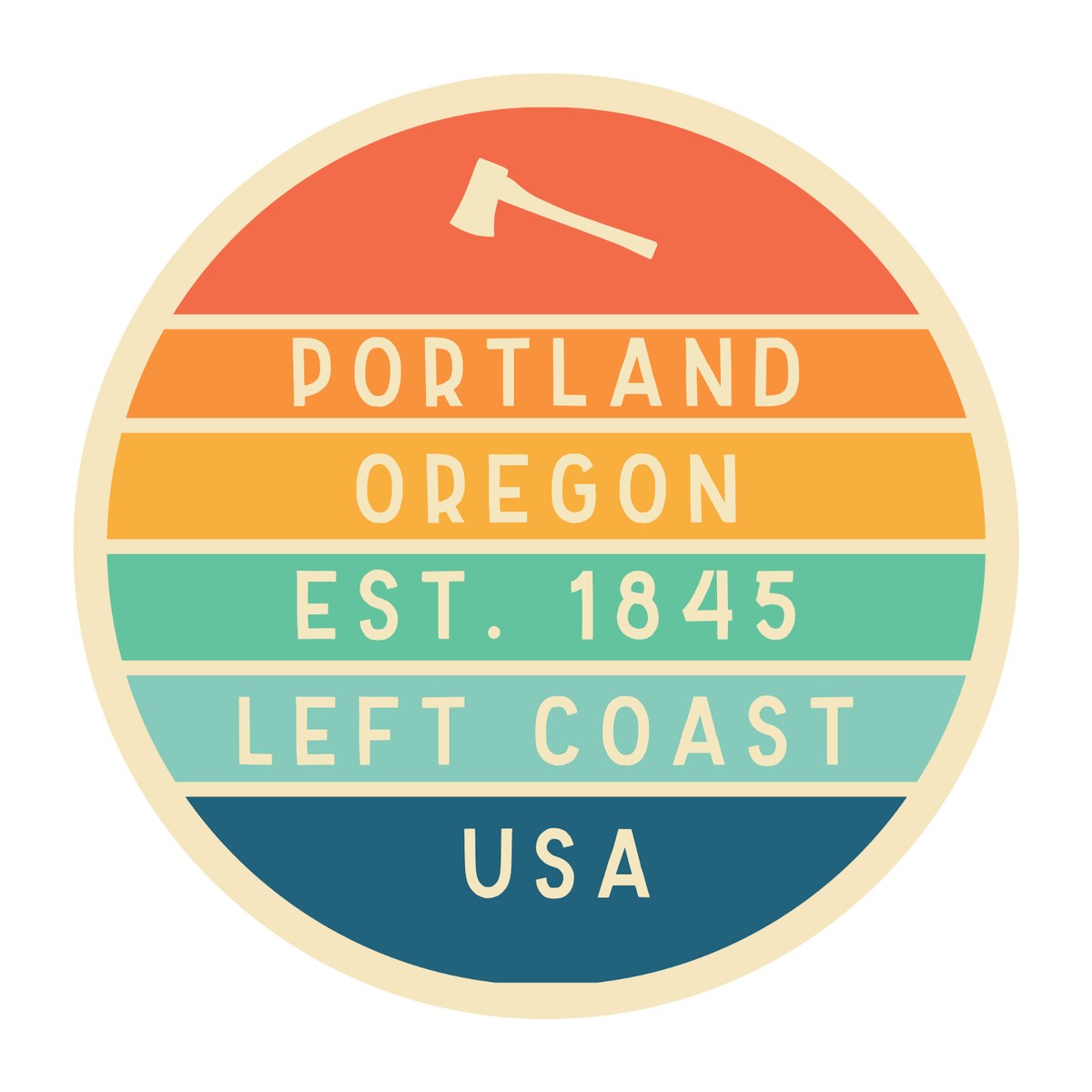 Left Coast Retro Portland Ceramic Coffee Mug with vintage badge design featuring Portland info and colors.