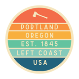 Left Coast Retro Portland Ceramic Coffee Mug with vintage badge design featuring Portland info and colors.