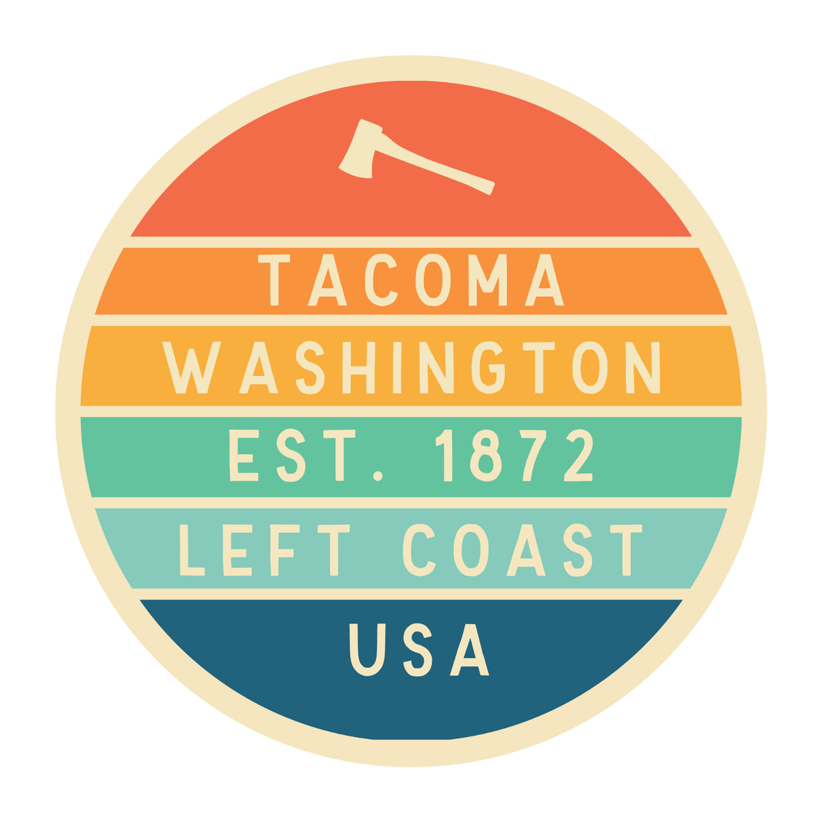 Left Coast Retro Tacoma Ceramic Coffee Mug featuring a vintage badge design, Tacoma Washington est. 1872.