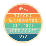 Left Coast Retro Tacoma Ceramic Coffee Mug featuring a vintage badge design, Tacoma Washington est. 1872.
