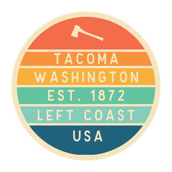 Left Coast Retro Tacoma Ceramic Coffee Mug featuring a vintage badge design, Tacoma Washington est. 1872.