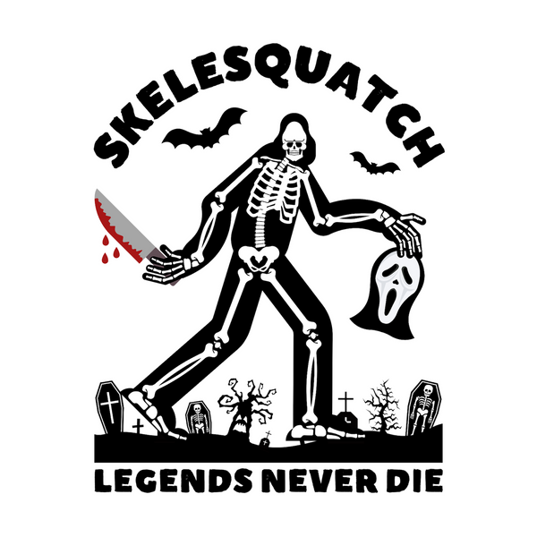 Skelesquatch Halloween tee featuring a skeleton Bigfoot with a knife and Scream mask in a graveyard backdrop.